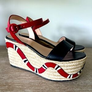 Gucci Black Barbette Leather Red Snake Platform Espadrille Sandal Size 39 Wedges